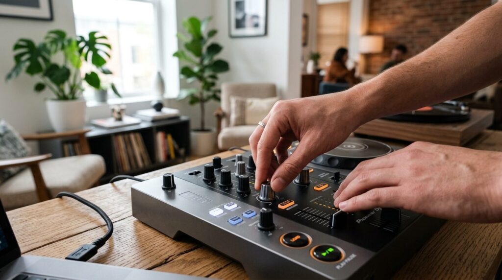 Close-up photorealistic shot of hands adjusting controls on