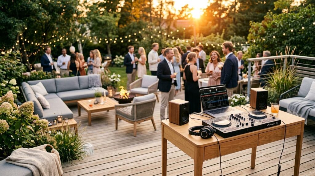 Photorealistic outdoor garden party scene at golden hour wit
