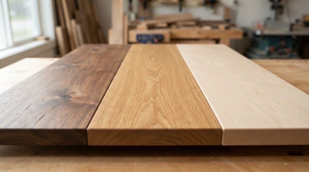 Close-up detail shot of premium solid wood table surfaces di