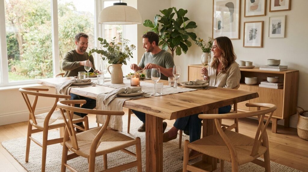 Elegant Scandinavian dining room scene with a custom solid w