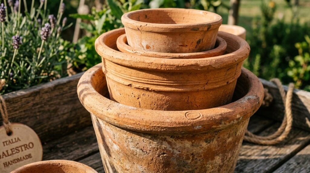 Close-up detail shot of authentic terracotta garden pots, sh