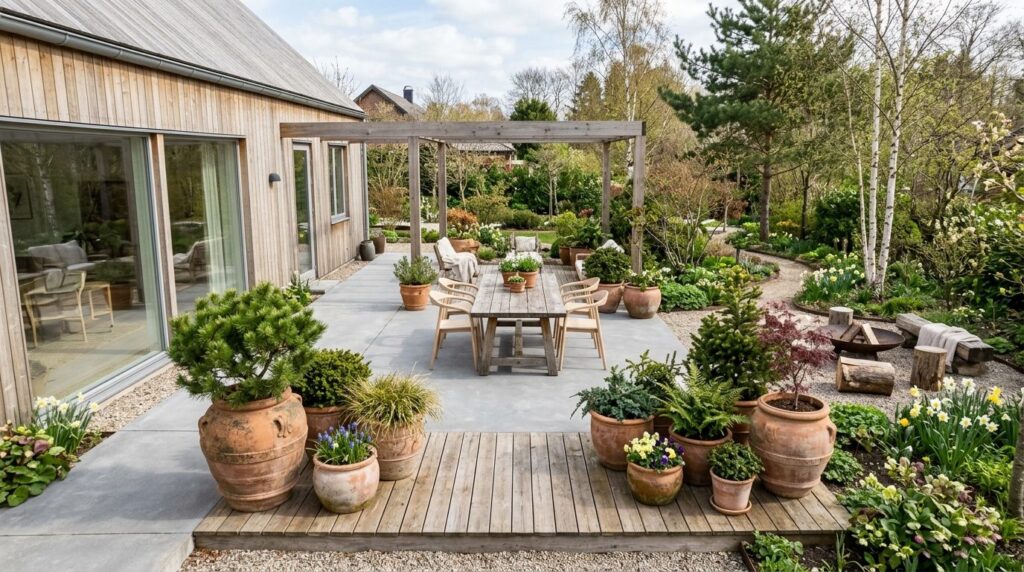 Wide overhead view of a modern Scandinavian patio with large