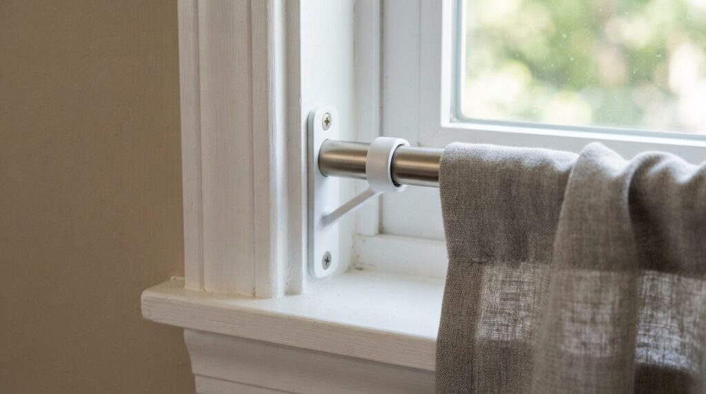 Close-up detail shot of safe curtain hardware and mounting b