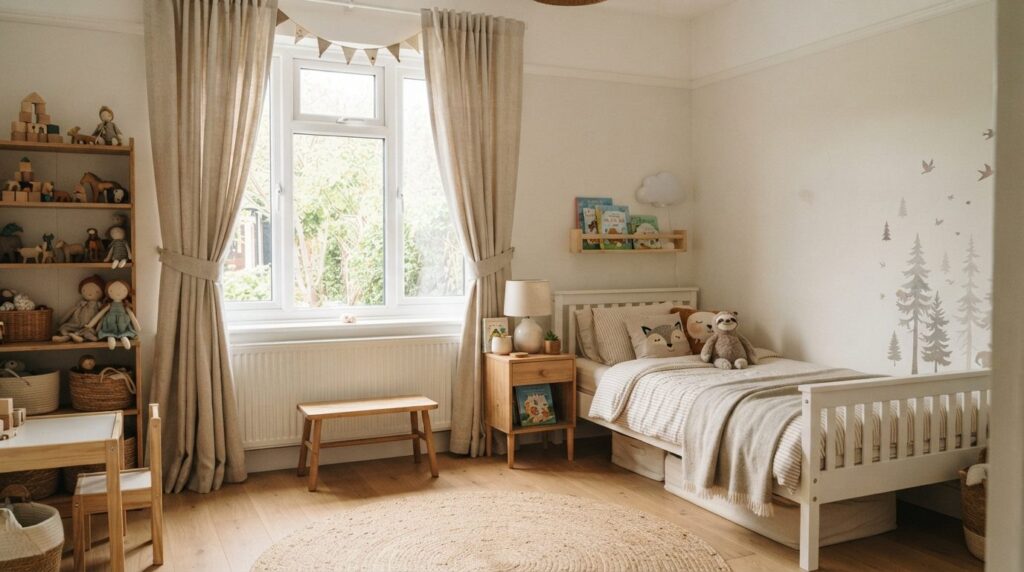 Cozy childrens bedroom interior with washable, durable fabr