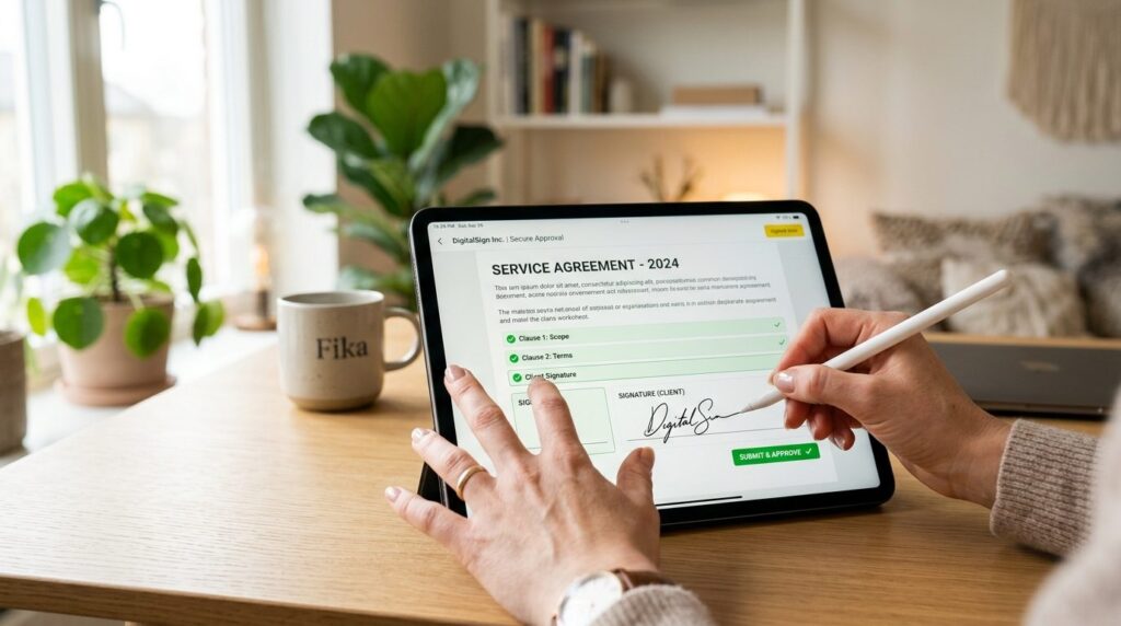 Tablet viser digitalt signaturdokument på skærmen.