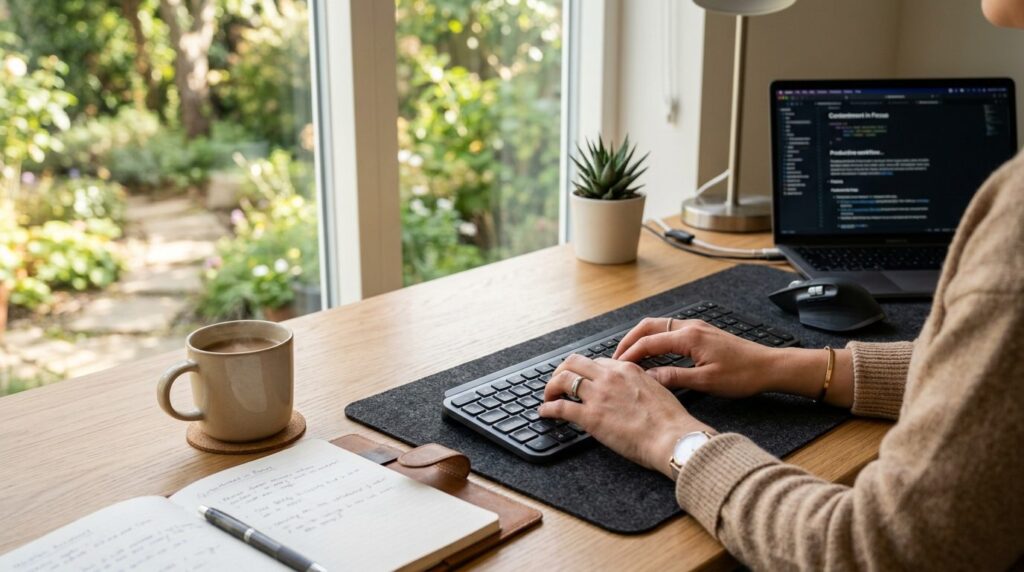 Close-up of hands typing on keyboard at a bright, organized