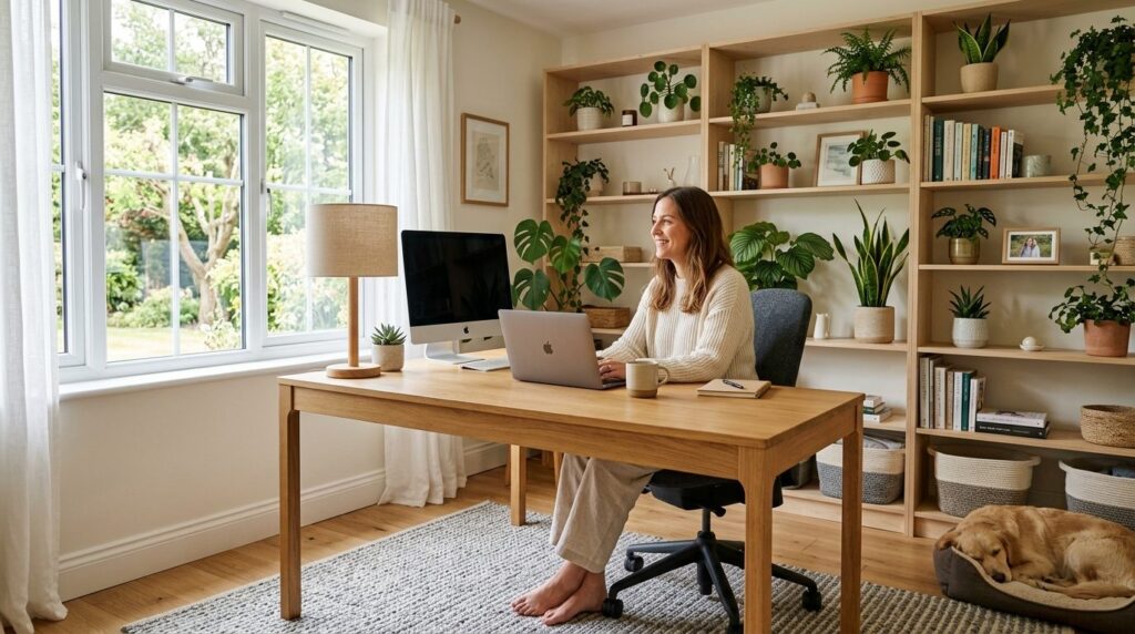 Bright Scandinavian-style home office interior with custom s