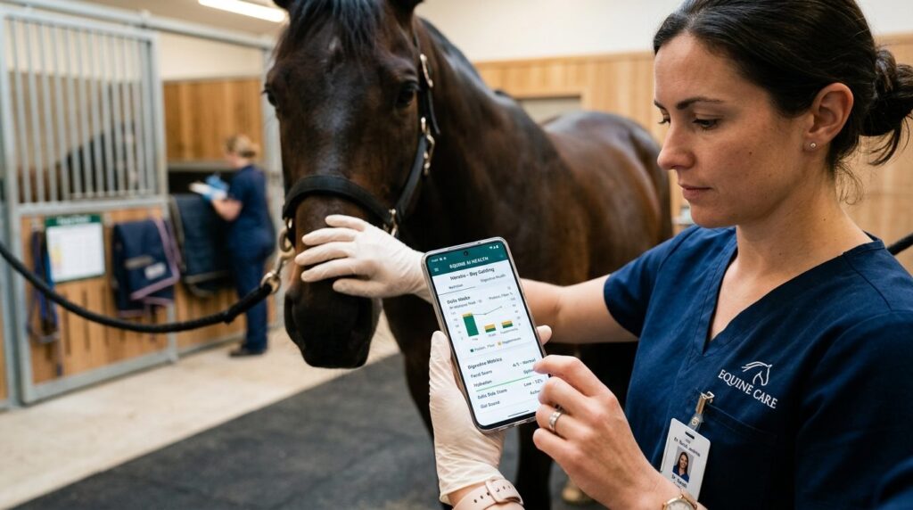 Close-up of veterinary professional using AI-powered digital